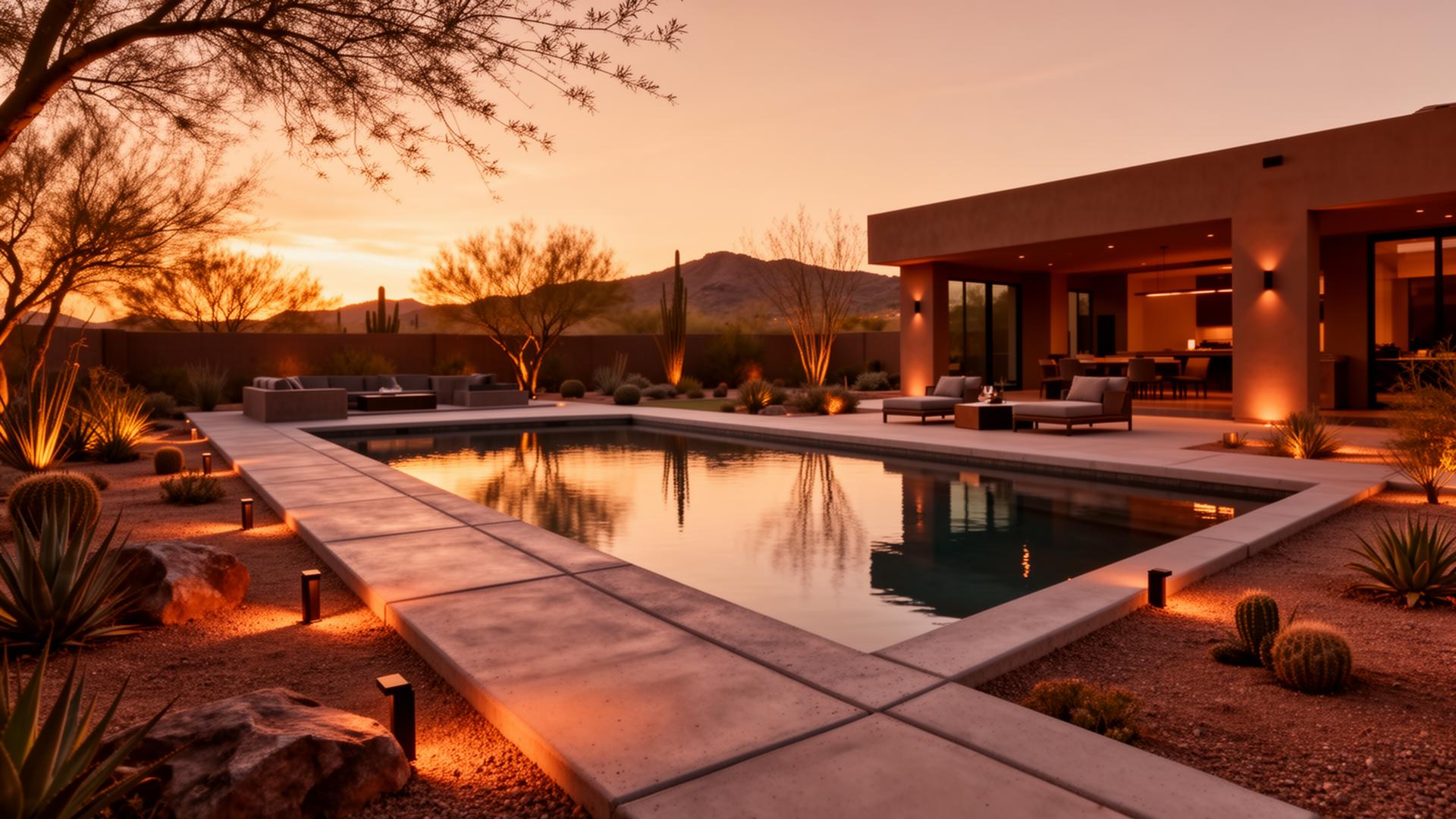 Arizona backyard with pool, curbing, and landscape lighting